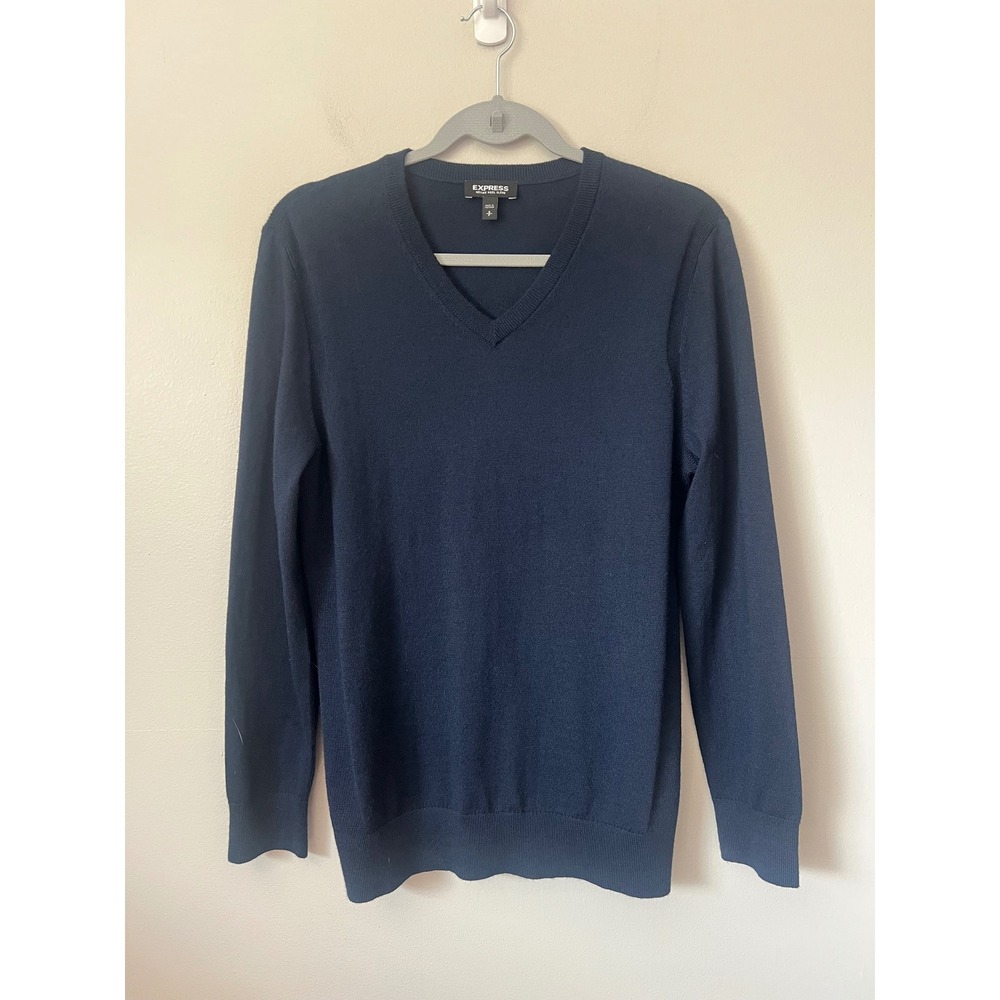 Express Navy Blue Merino Wool Blend V-Neck Pullover Sweater Men's S Old Money